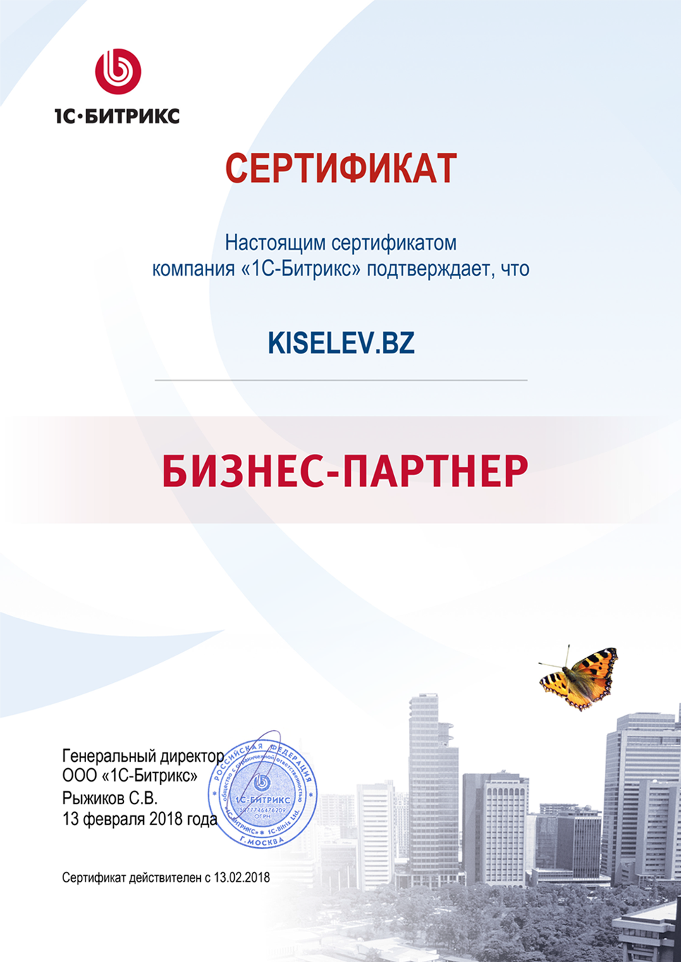 Сертификат партнёра по СРМ системам в Малой Вишере
